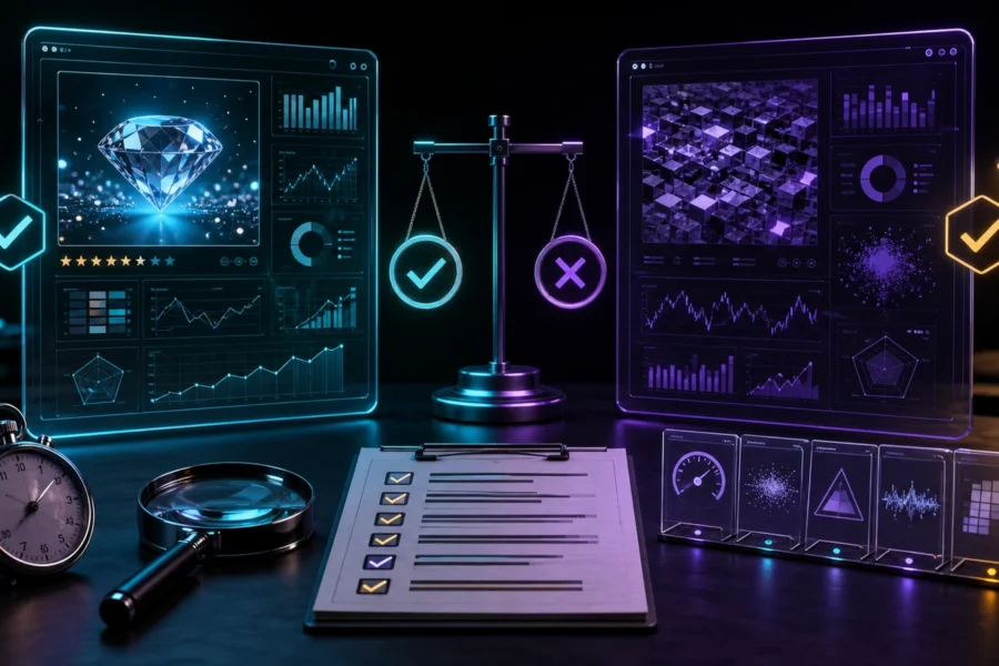 Bancada tecnológica comparando resultados de inteligência artificial com critérios, cronômetro e lupa