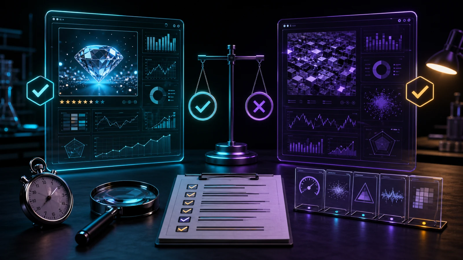 Bancada tecnológica comparando resultados de inteligência artificial com critérios, cronômetro e lupa