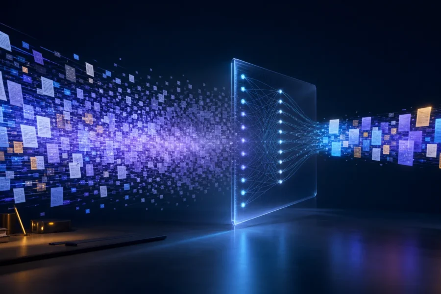 Fluxo extenso de documentos atravessando uma interface neural luminosa