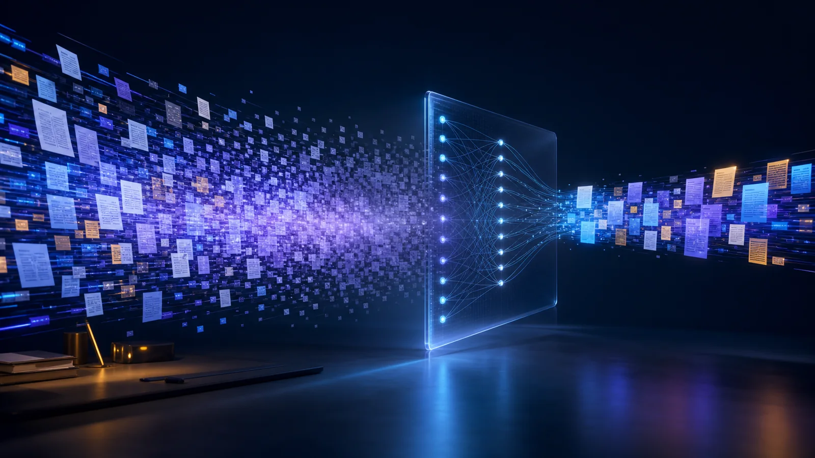 Fluxo extenso de documentos atravessando uma interface neural luminosa