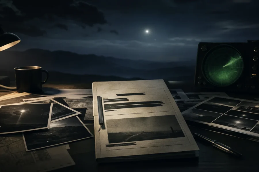 Mesa de investigação com relatório, fotografias, radar e luz distante no céu