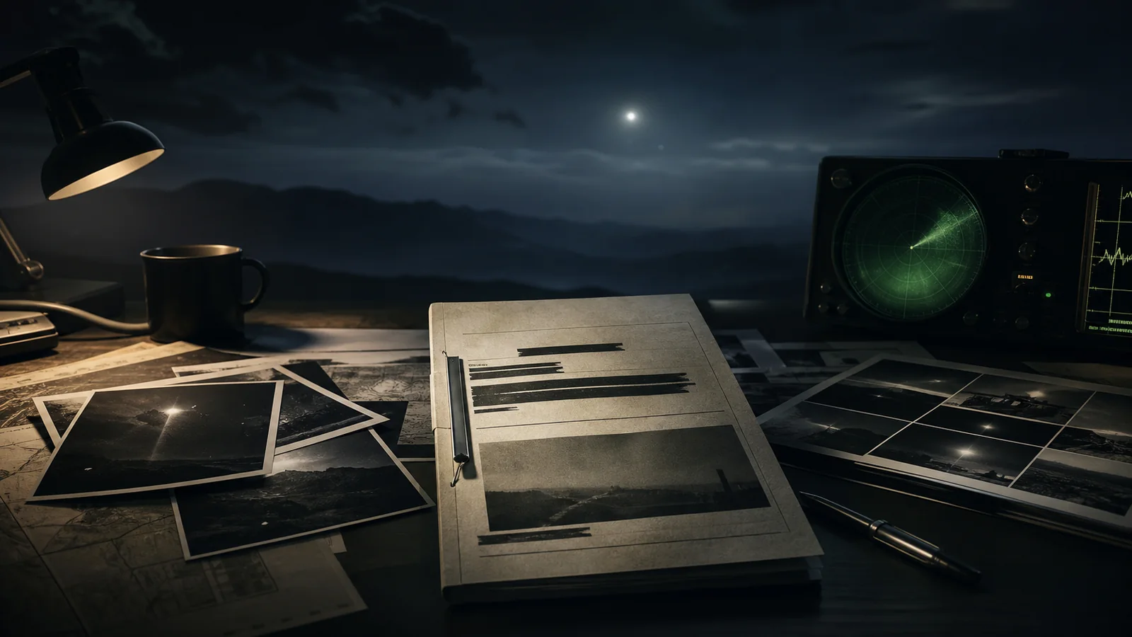 Mesa de investigação com relatório, fotografias, radar e luz distante no céu