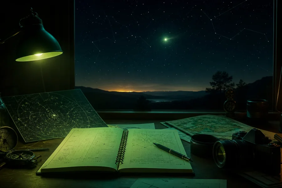 Caderno de investigação, câmera e mapa celeste diante de uma luz incomum no céu noturno