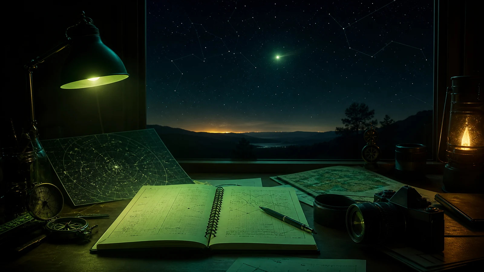 Caderno de investigação, câmera e mapa celeste diante de uma luz incomum no céu noturno